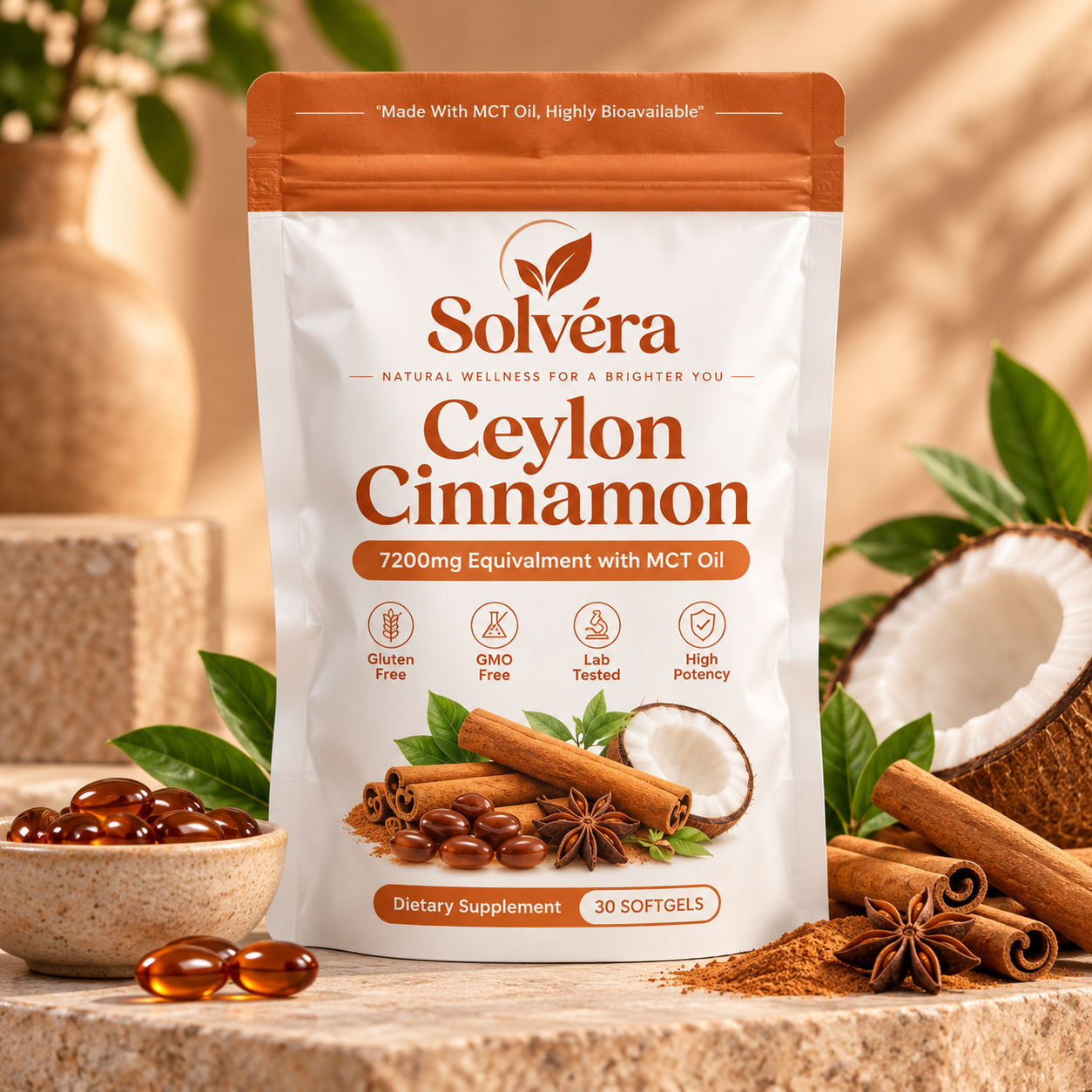 Solvéra pouch surrounded by Ceylon cinnamon, capsules and coconut